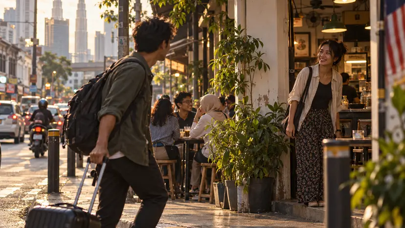 Traveller with a suitcase greeted by a friend outside a Kuala Lumpur café